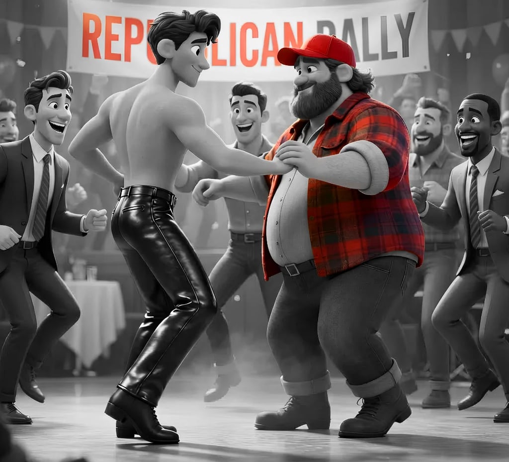 Republican rally scene with a shirtless man in leather pants dancing with heavyset man at event. 