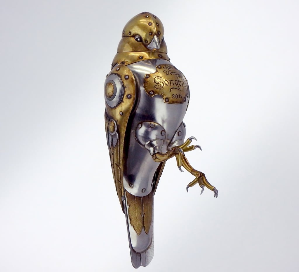 Igor Verny brass and silver steampunk metal bird sculpture, small metal sculpture of a bird,