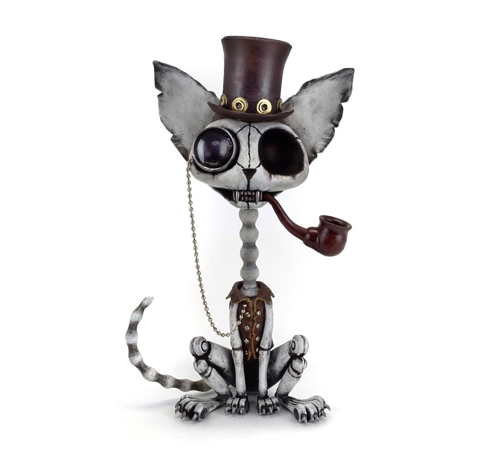 Igor Verny metal sculpture, steampunk skeleton cat