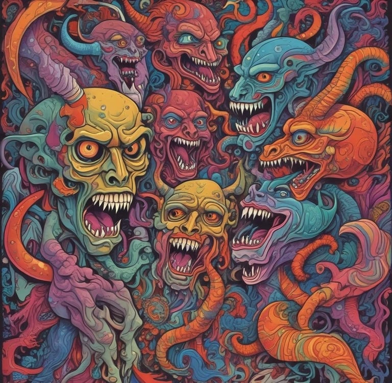 a poster of a group of monsters with their heads turned to look like they are