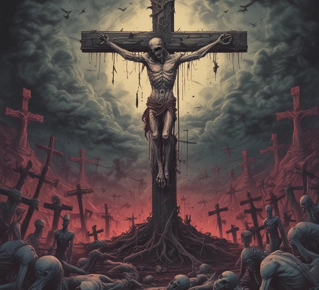 A dark ritual scene featuring a skull, skeletal hand, and floating mystical symbols.