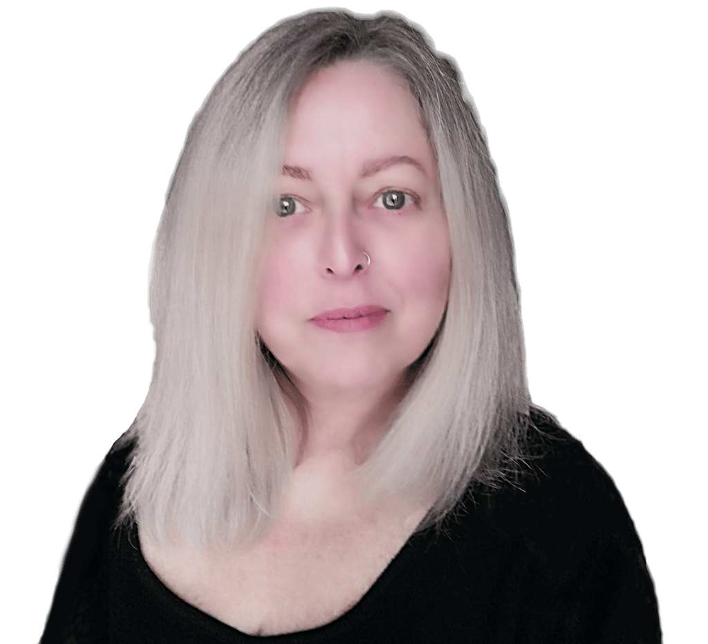 Middle-aged woman with long blonde hair and a nose ring