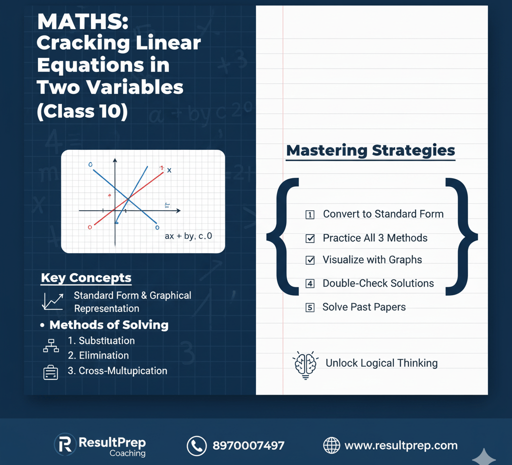 A two-panel math guide on "Cracking Linear Equations in Two Variables (Class 10)." The left panel fe