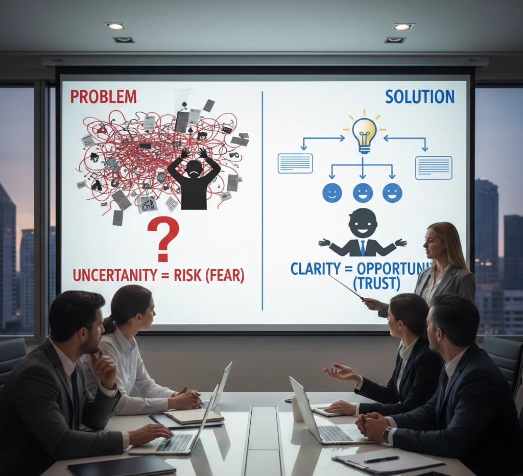 give photo Investor psychology behind problem and solution slides in a VC pitch deck.