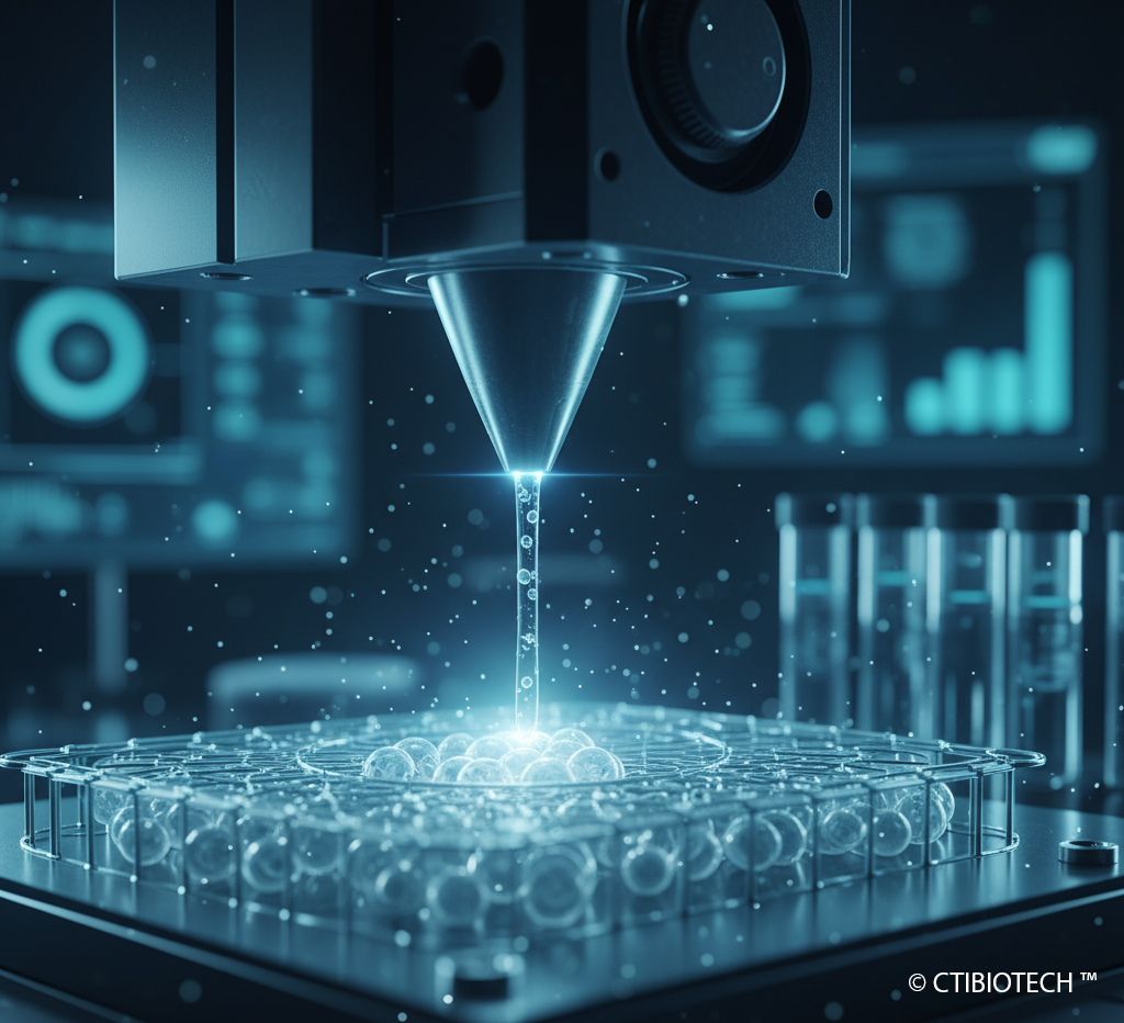 Precision 3D bioprinter nozzle depositing living cells onto a scaffold in a high-tech laboratory.