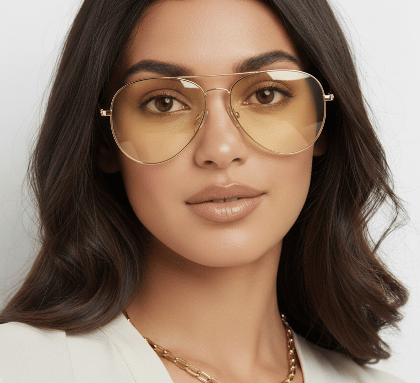 a woman wearing a white shirt and sunglasses with yellow tint