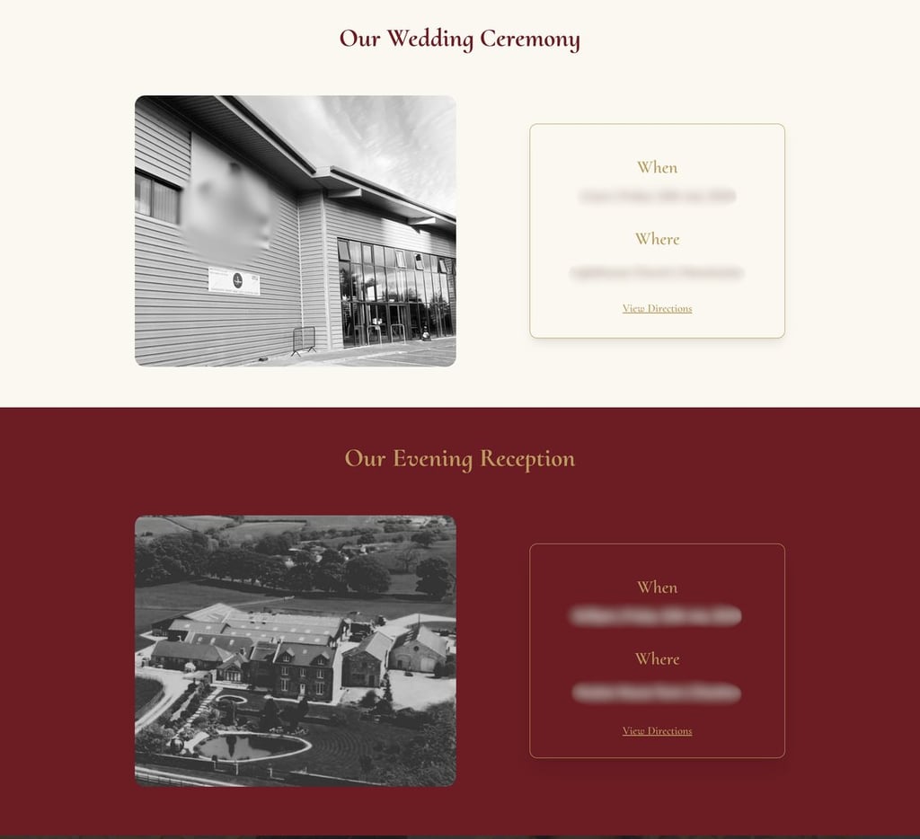 Wedding website invitation showing the ceremony and evening reception details.