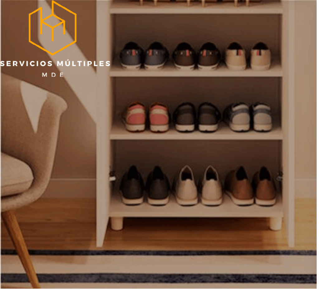 a shoe rack with several pairs of shoes and a chair