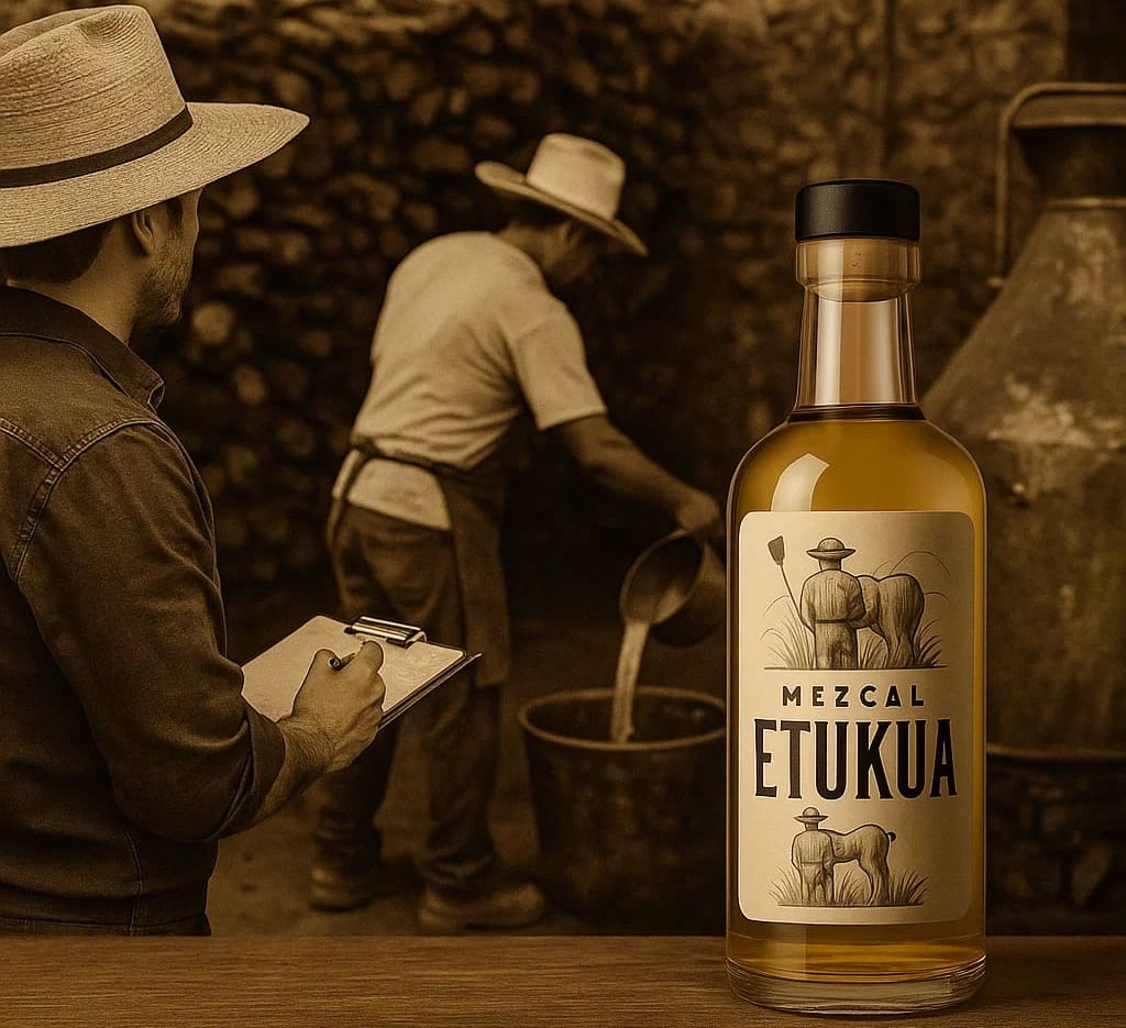 Inspector verificando el proceso de producción de mezcal en un palenque tradicional para otorgar cer