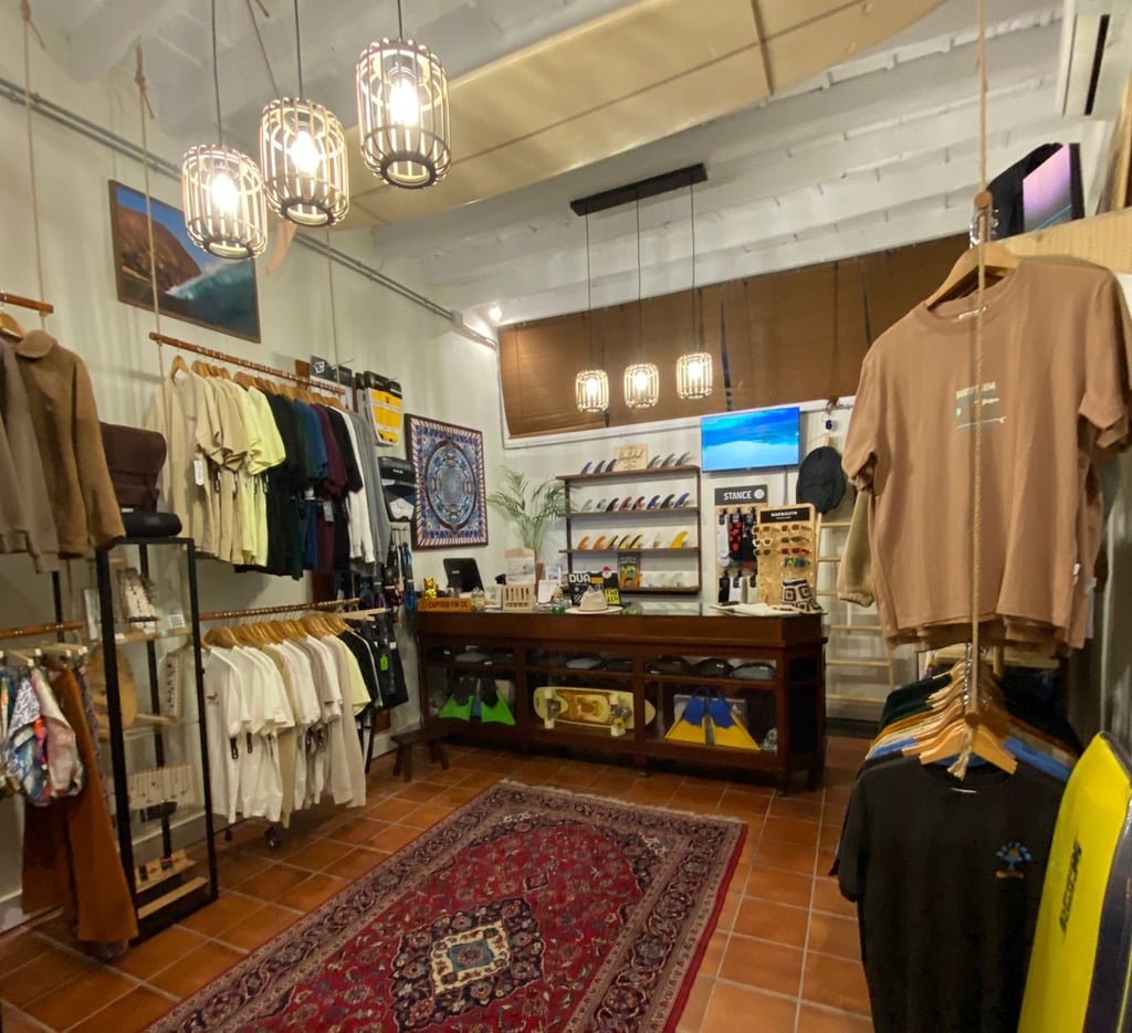 Surf shop and clothing store with a variety of clothes and accessories