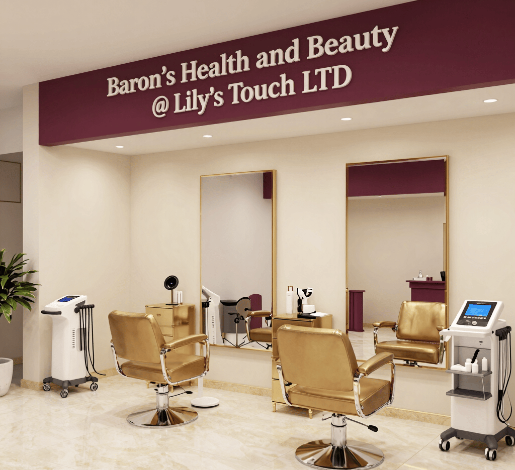 Elegant salon interior featuring gold and wine accents with a stylist gently working on a client's afro hair.