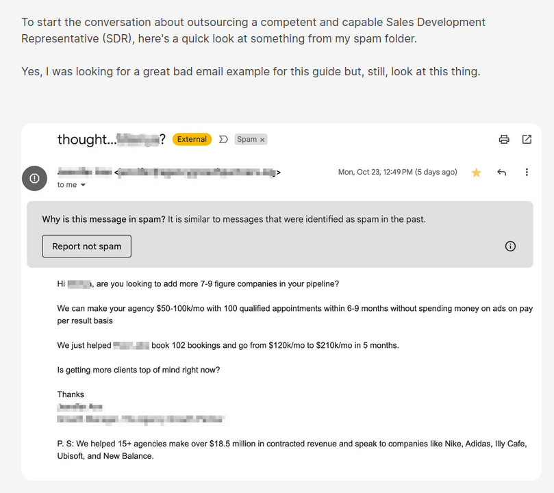 Screenshot of a cold email embedded in the article, A guide to SDR outsourcing: 21 exploratory quest