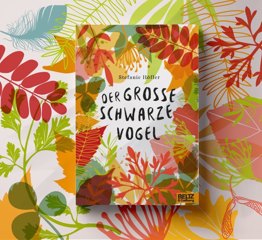 Buchtitel "Der große schwarze Vogel" inmitten stilisierter bunter Blätter 