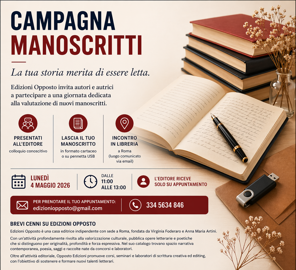 Edizioni Opposto publishing house manuscript review event poster with an open notebook, fountain pen, and books.