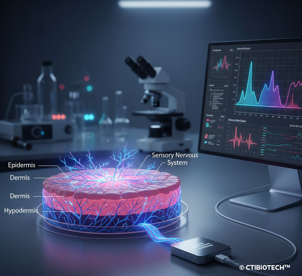 Laboratory cross-section of human skin layers showing sensory nervous system connected to digital monitors.