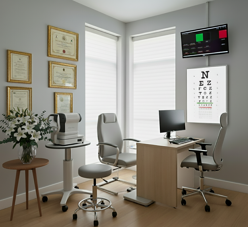 Modern optometrist clinic with eye-exam equipments and certificates on the wall.
