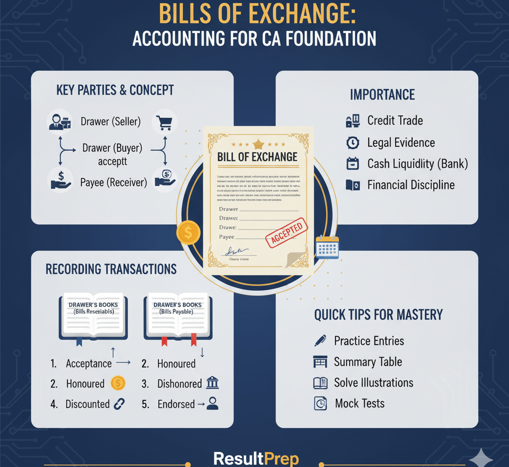 An infographic illustrating the concept of a Bill of Exchange, showing a seller (drawer) handing a d