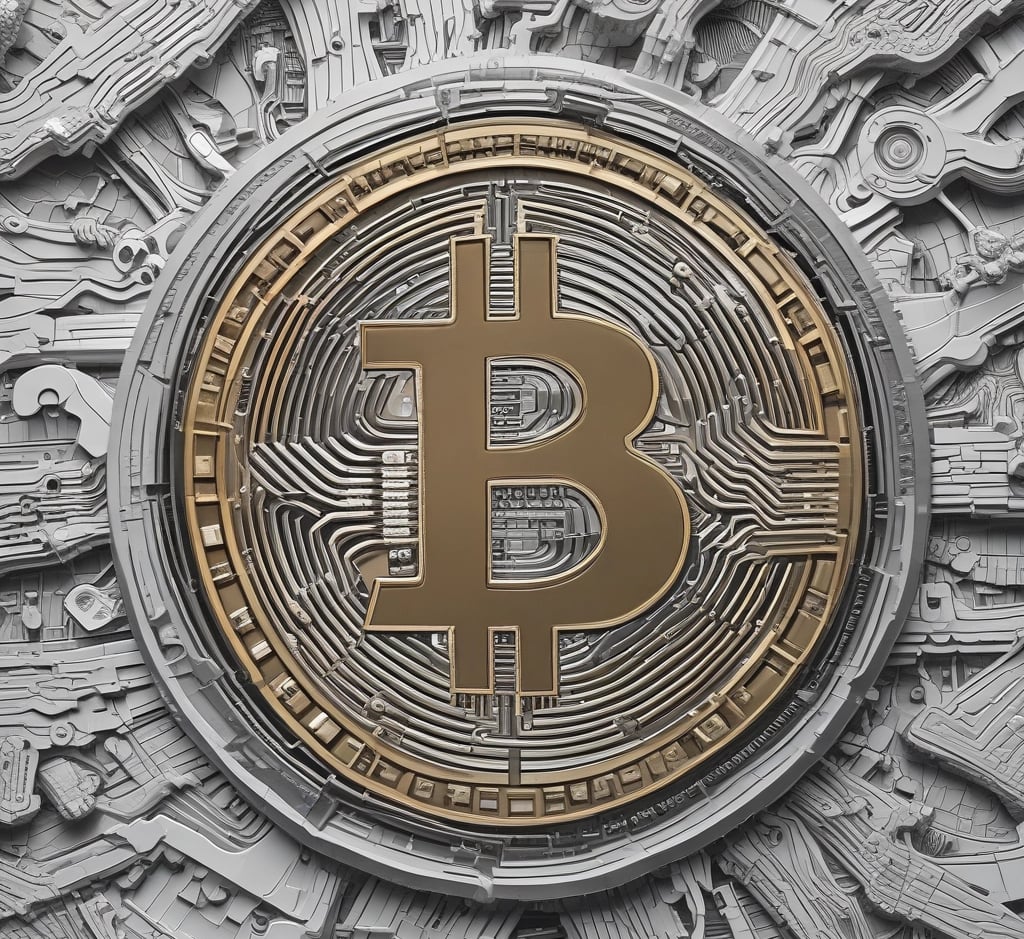 A hand is holding a bitcoin coin.