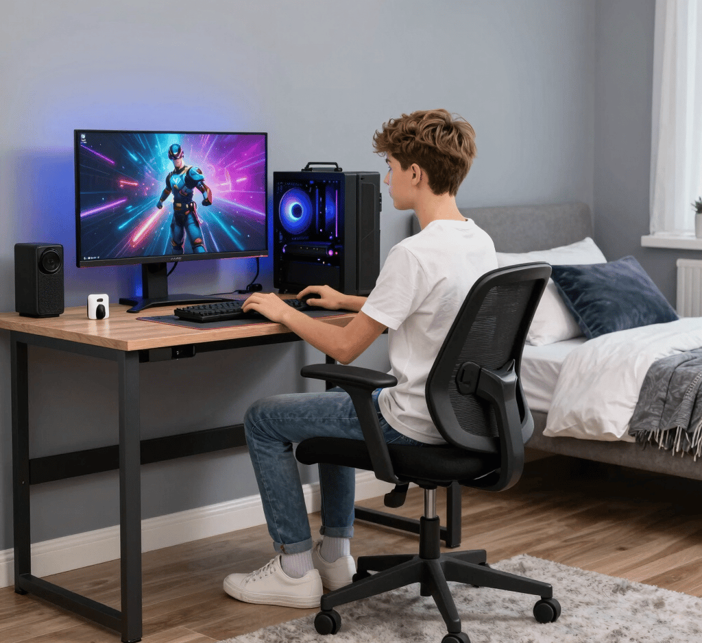 A clean and minimal teen boy room with neutral colors, wall storage, and simple furniture, showing a