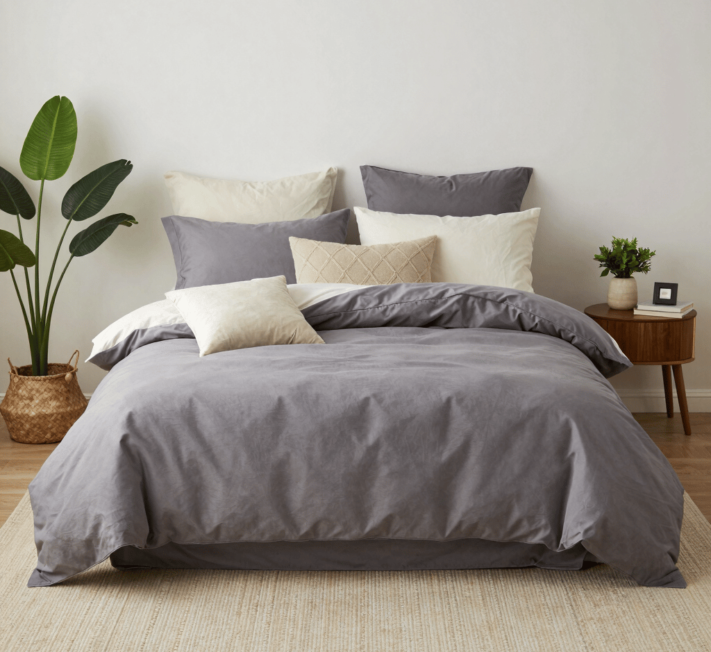 A bed styled with layered bedding, pillows, and a rug, combined with small plants and accessories