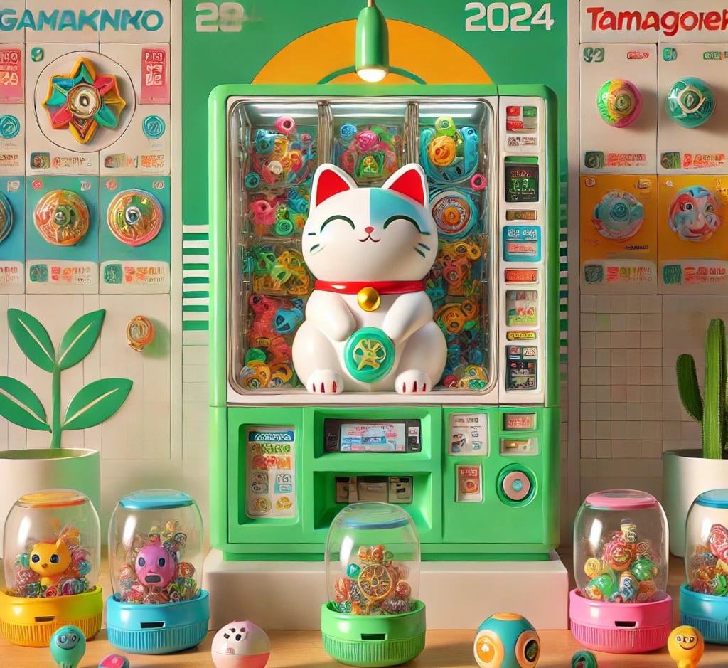 Modern Gashapon machine with detailed figures like Manekineko Lucky Cat, referencing nostalgic 1980s toys, and eco-friendly