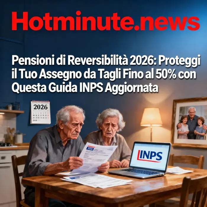 Coppia di anziani consulta documenti previdenziali davanti a un laptop con logo INPS; testo in sovri