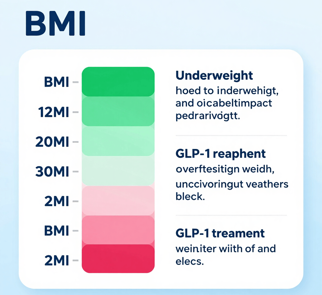 BMI scale showing weight loss program qualification range for GLP-1 Semaglutide treatment with Yucca