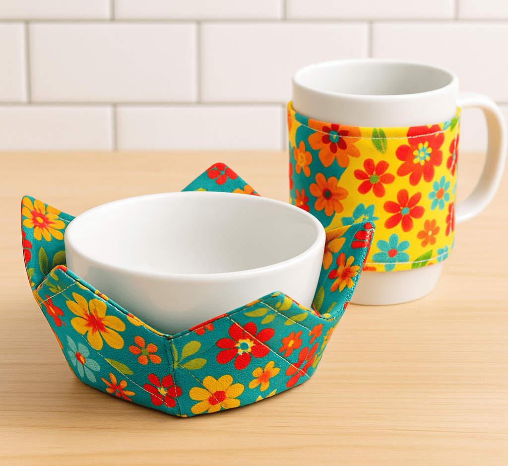 “Floral bowl warmer with matching mug cozy.”