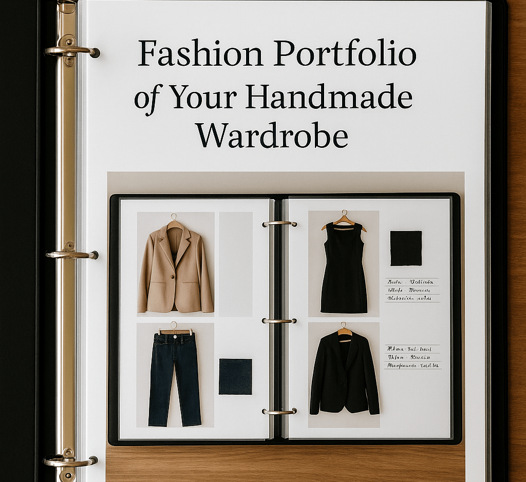 A centered image of an open black binder on a wooden table displaying a personal fashion portfolio.