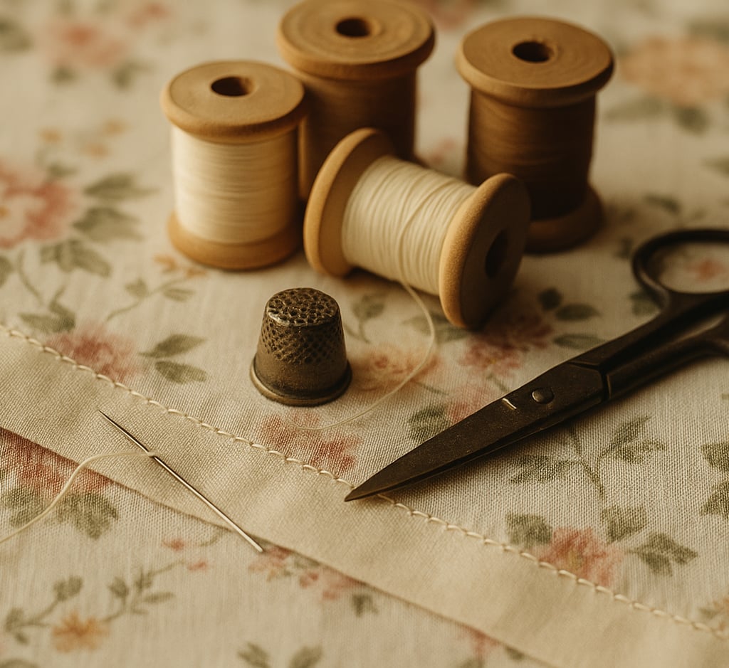 A vpair of scissors and thread spools on a table