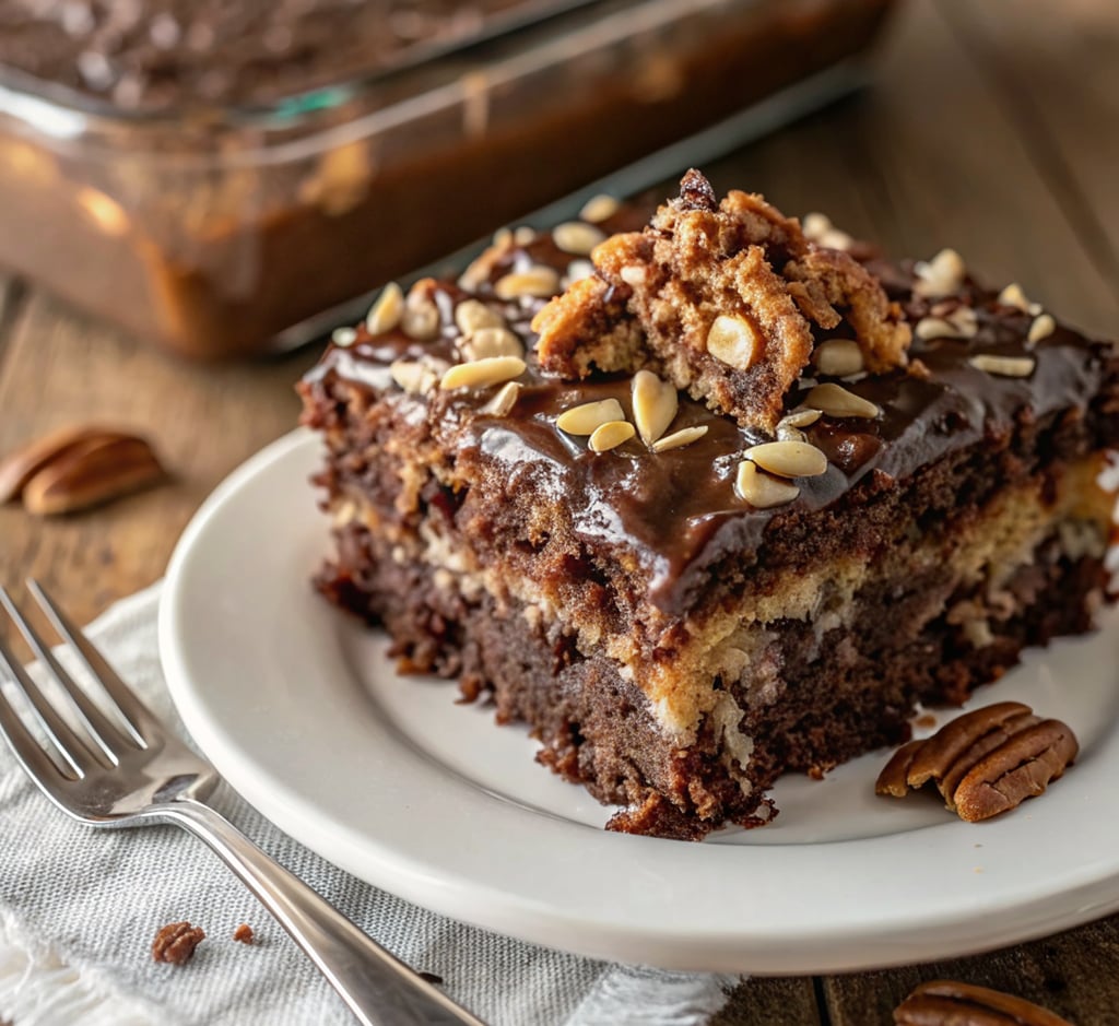 “Homemade German Chocolate Poke Cake with pecan coconut topping”