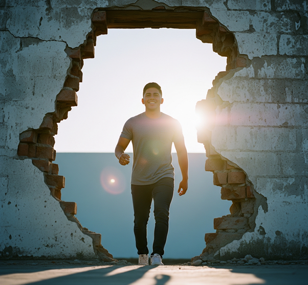 A man walking through a hole in a brick wall, breaking through his personal barriers.