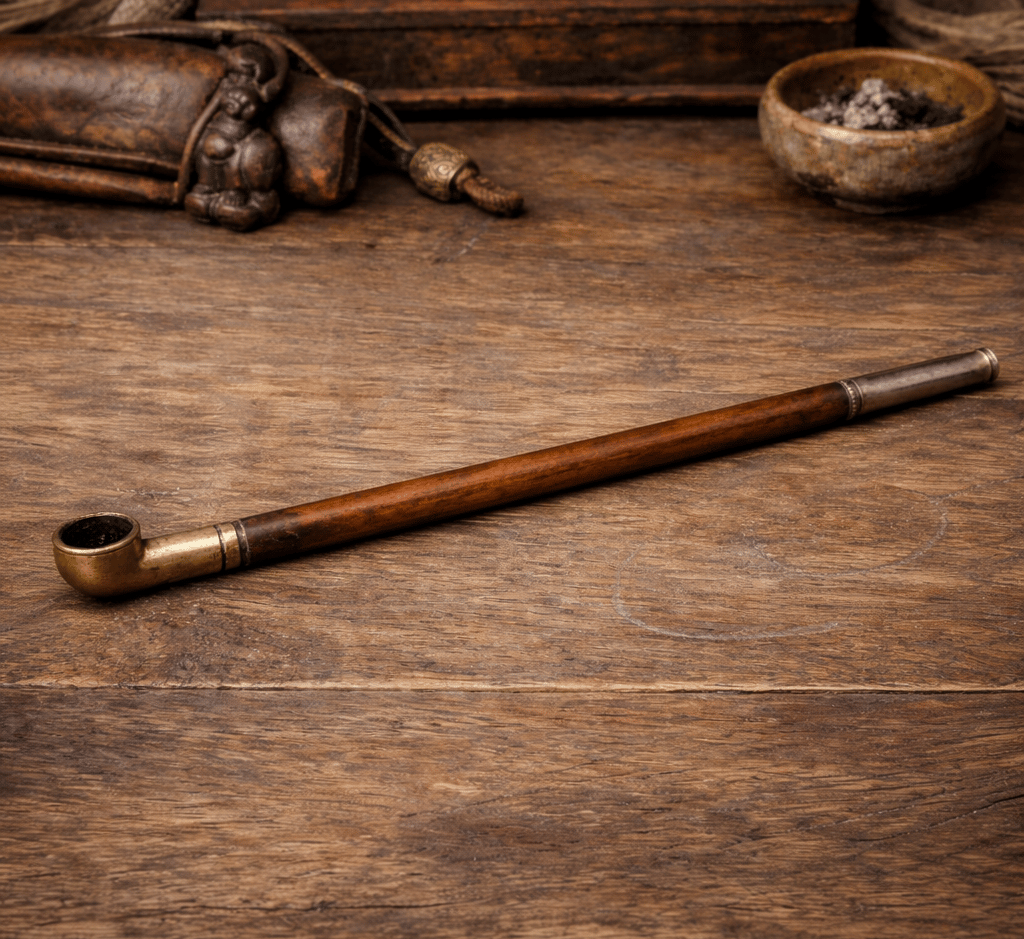 „Antike japanische Kiseru (煙管) mit Bambusschaft und Metallenden auf altem Holz, Edo-Zeit-Stil, detai