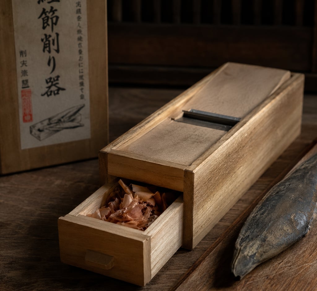 Traditional Japanese wooden katsuobushi plane with shaved bonito flakes in a drawer.