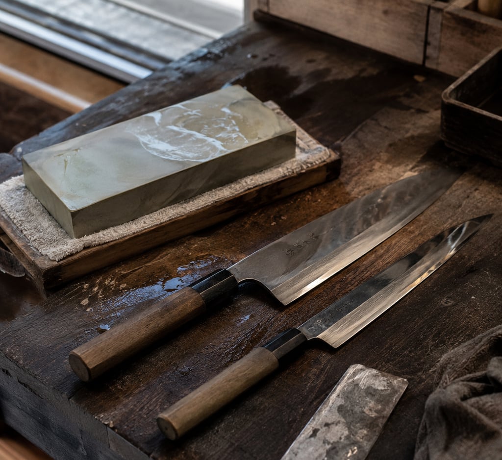 Professional Japanese chef knives and a whetstone sharpening block on a rustic wooden workbench.