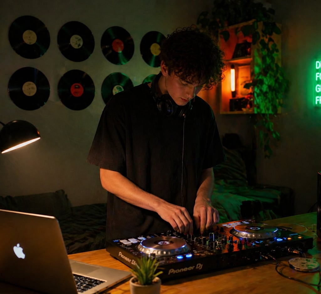 DJ iniciante montando setup em estúdio caseiro com controladora e iluminação neon