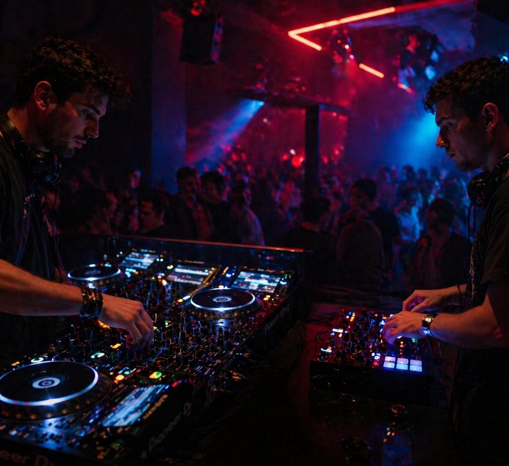 DJ comparando controladora e CDJs em ambiente de clube noturno