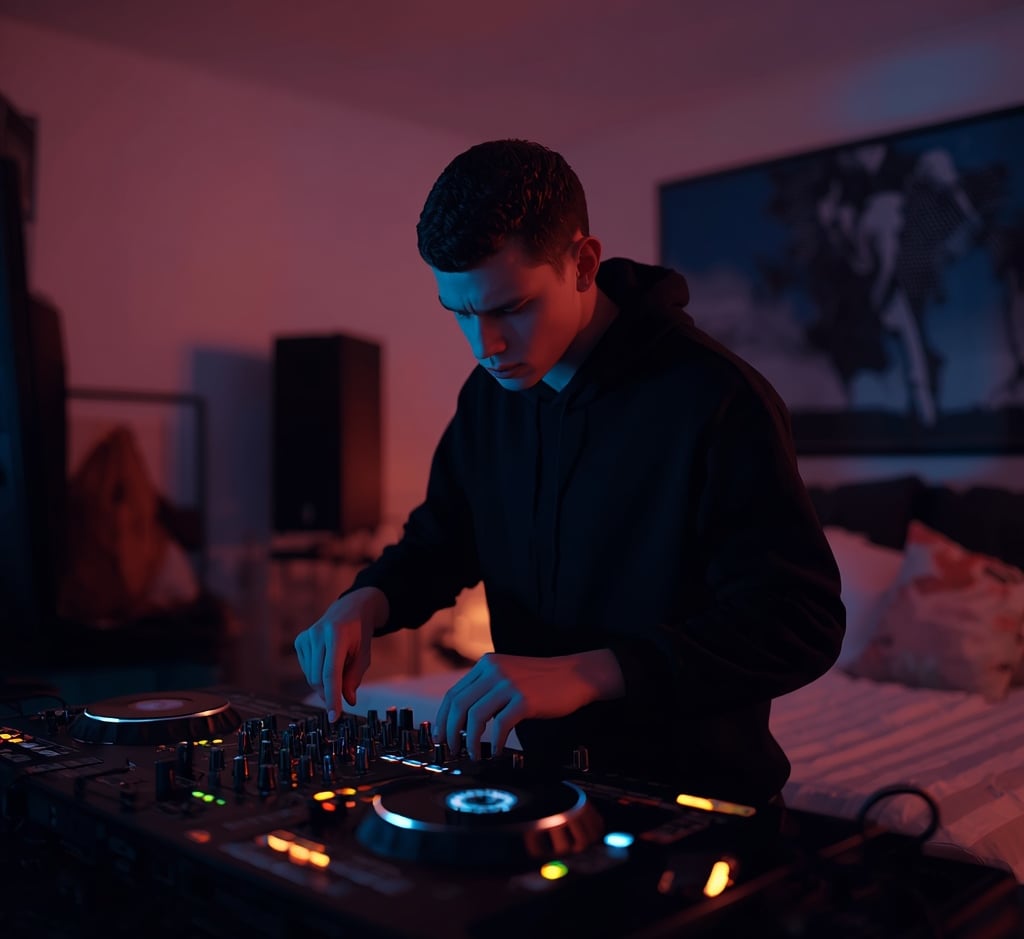 DJ iniciante treinando sozinho em estúdio
