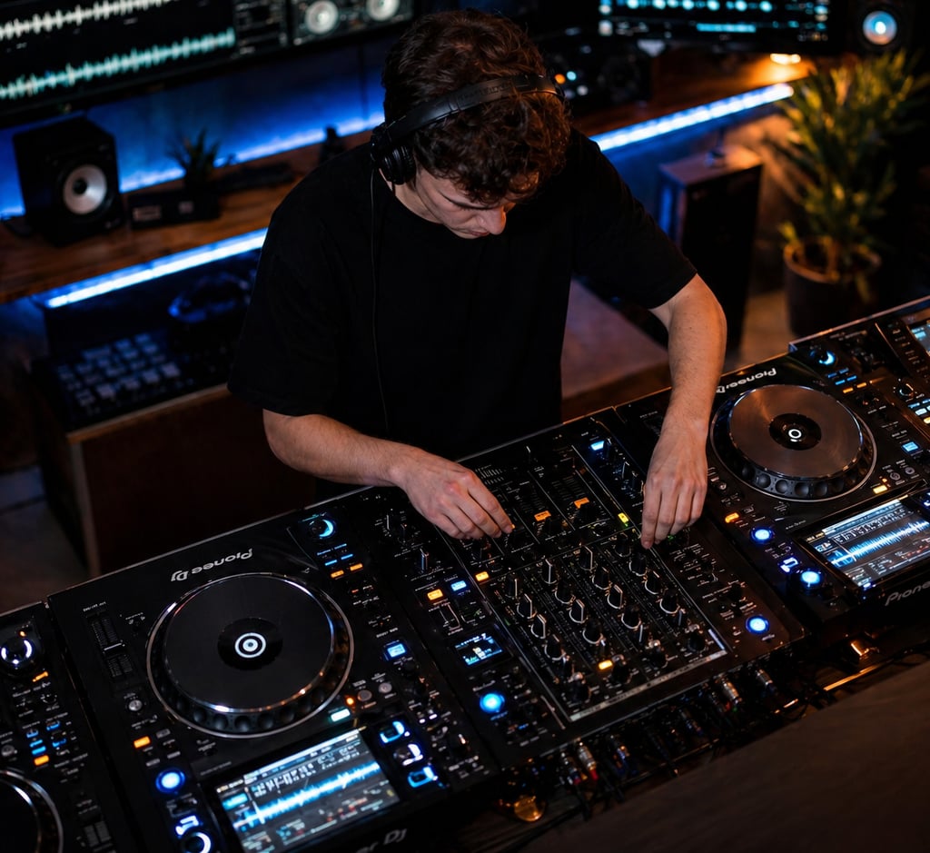 Setup profissional de DJ com controladora, mixer e equipamentos modernos