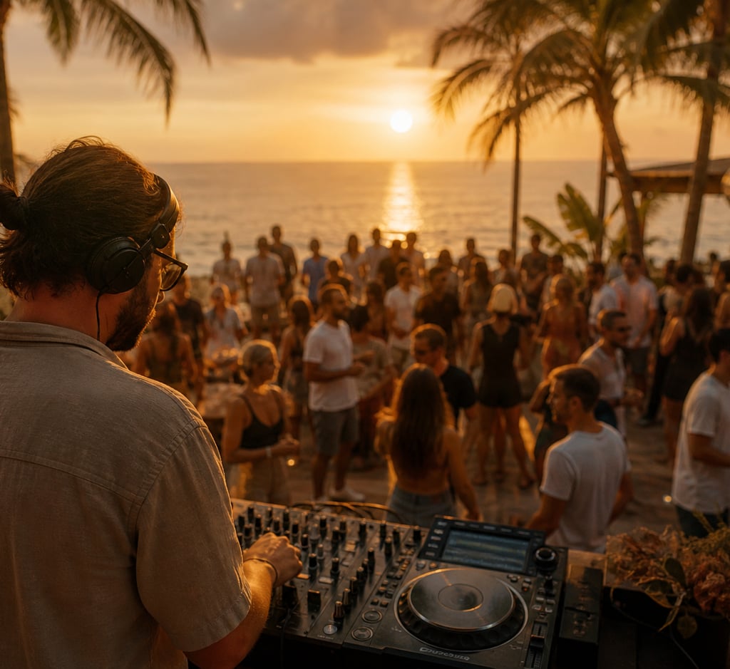 DJ iniciando set em festa ao pôr do sol com público chegando e ambiente leve