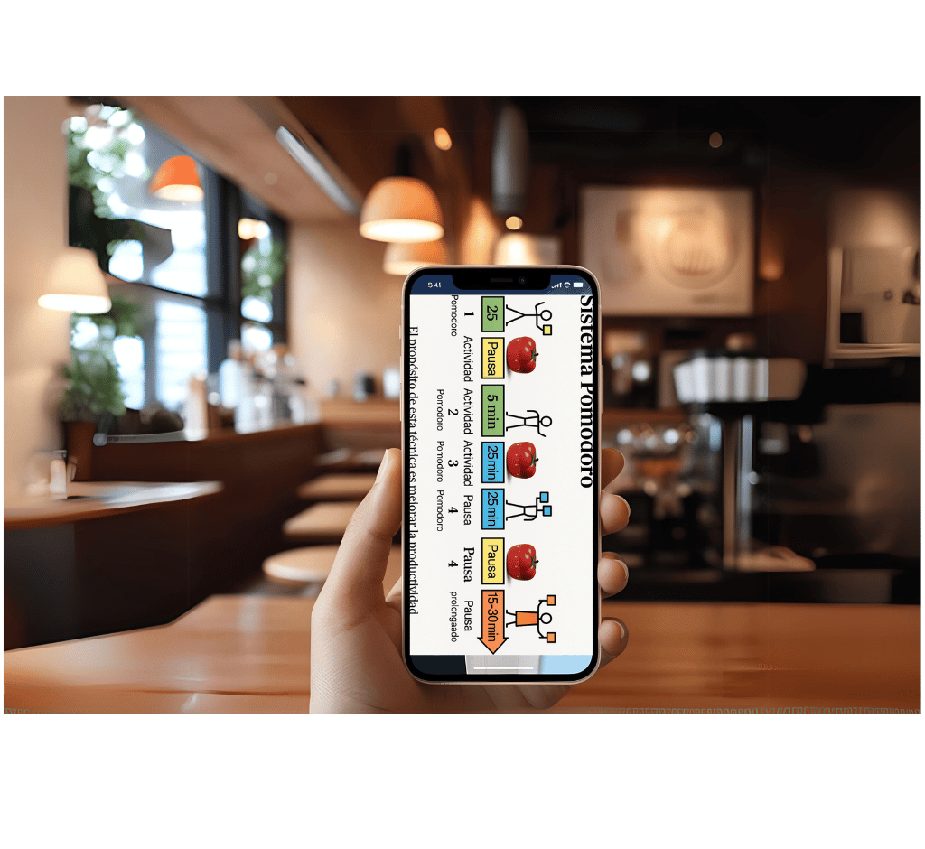 Mano sostiene celular con técnica Pomodoro, organización, productividad, emprender.