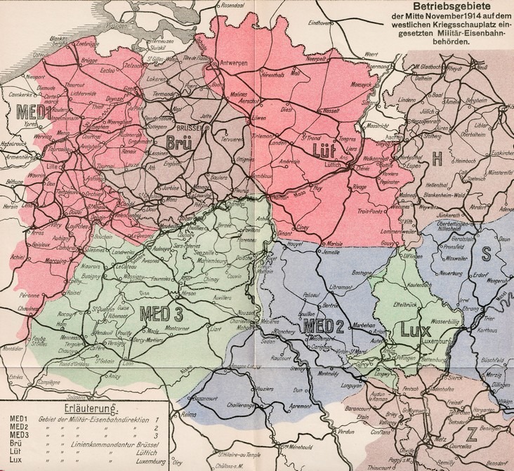 Map of the various Militär-Eisenbahndirektionen on the Western Front in November 1914. 