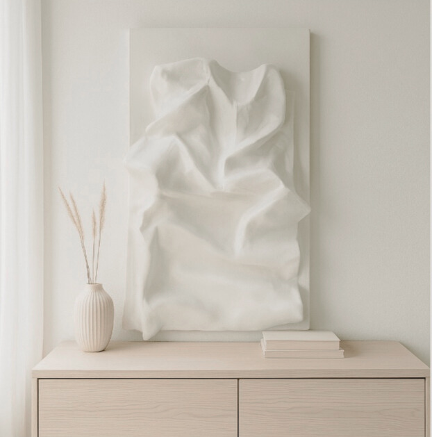 Textured relief wall sculpture in a modern minimalist living room, handmade in Ottawa Bespoke.