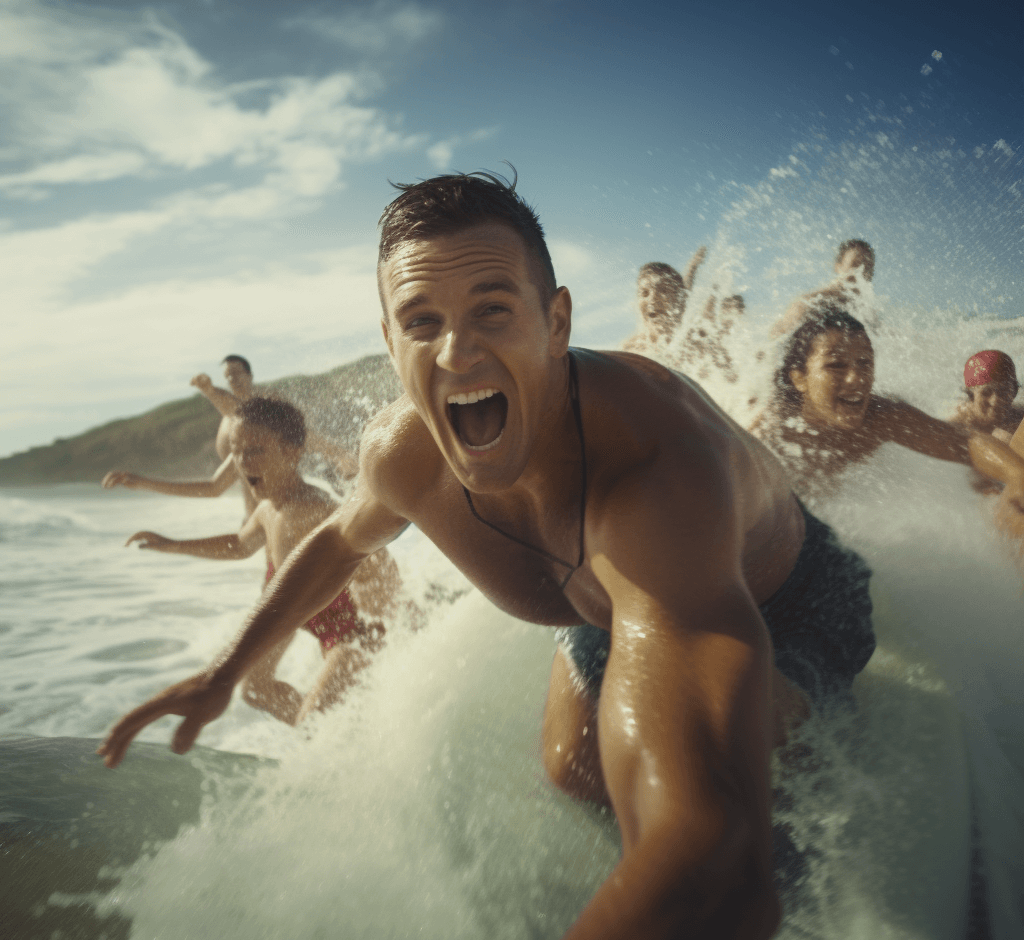 Group of men and women surfing at the beach