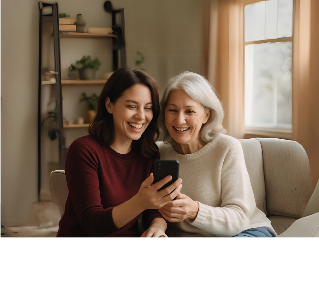 Mujer joven y adulta mayor mientras miran  un celular, representa conexión familiar y motivación para emprender juntas.