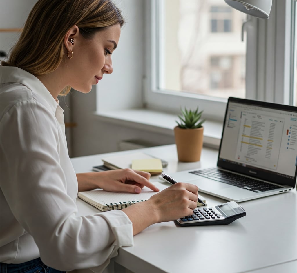 Mujer calculando gastos con un portatil calculadora y libreta