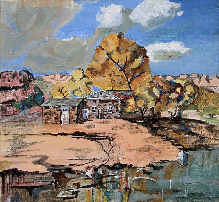 Acrylic semi-abstract painting of cottage in Oak Creek Canyon, AZ