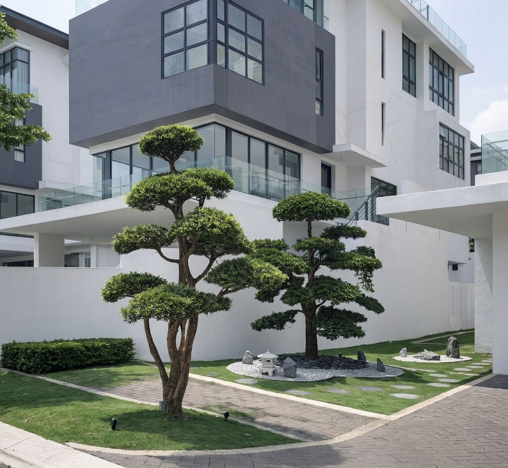 Modern residential landscape design with sculpted garden trees and zen garden by Yie Yang Landscape