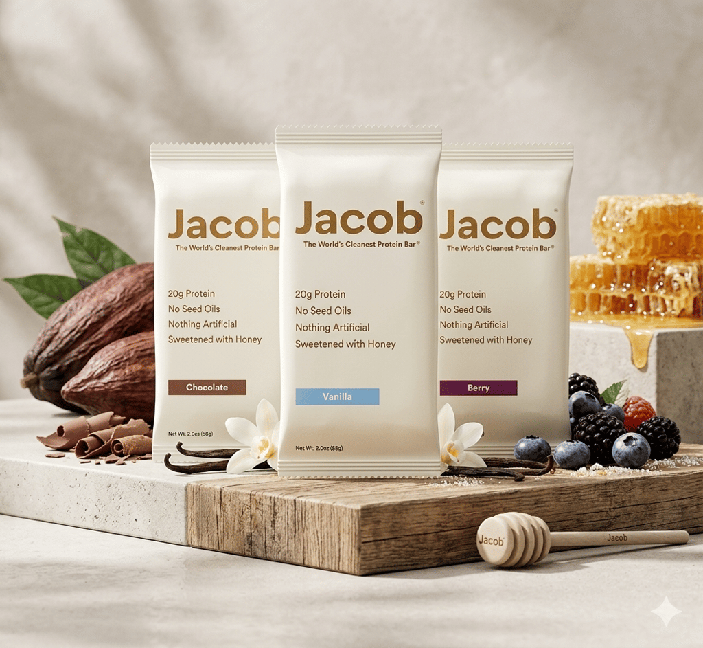 Jacob clean protein bars in chocolate, vanilla, and berry flavors with raw ingredients and honey.