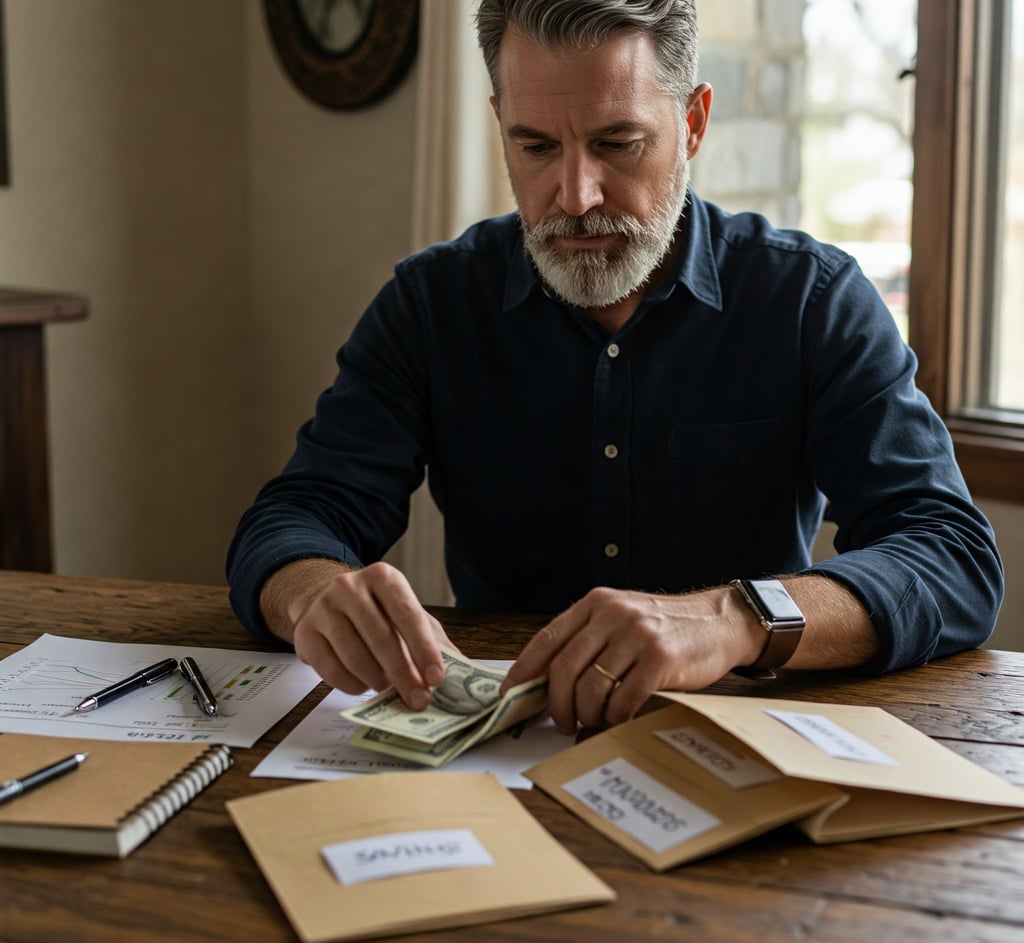 a man sitting at a table with money